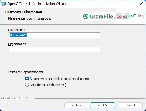 Install OpenOffice Step 4 (Username) Install OpenOffice Step 4 (Username)