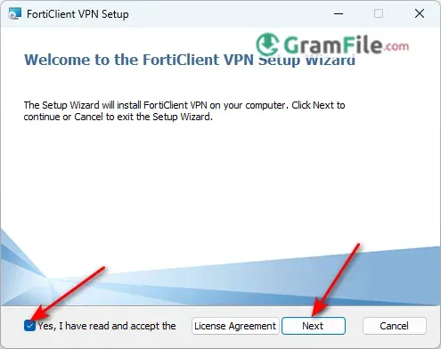 Install FortiClient VPN Read and Accept the license Agreement Install FortiClient VPN Read and Accept the license Agreement