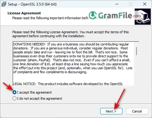 OpenSSL Install Accept the Agreement and Click Next OpenSSL Install Accept the Agreement and Click Next