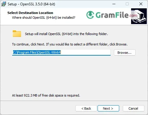 OpenSSL Install Select Destination Location OpenSSL Install Select Destination Location