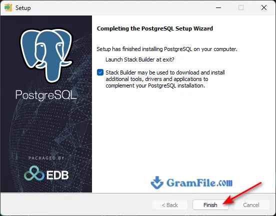 PostgreSQL for Windows Installation Step 11 Click Finish PostgreSQL for Windows Installation Step 11 Click Finish