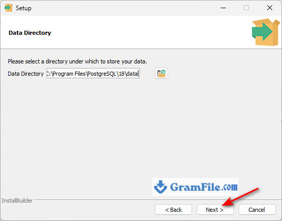 PostgreSQL for Windows Installation Step 5 Select directory for data storage PostgreSQL for Windows Installation Step 5 Select directory for data storage