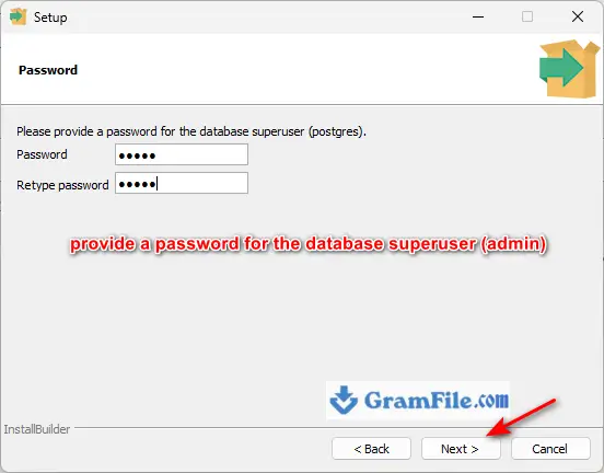 PostgreSQL for Windows Installation Step 6 provide a password for the database superuser (admin) PostgreSQL for Windows Installation Step 6 provide a password for the database superuser (admin)