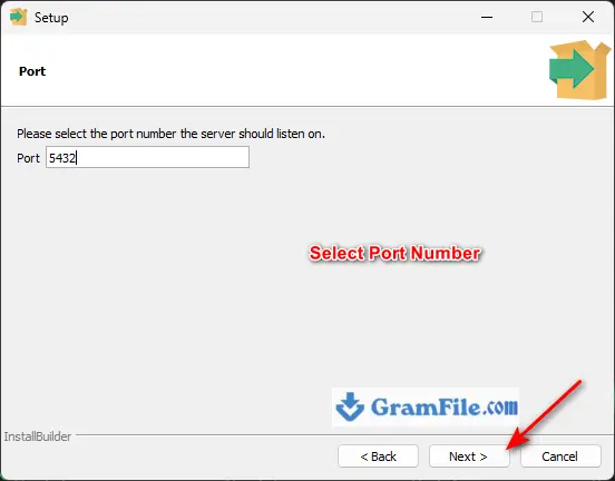 PostgreSQL for Windows Installation Step 7 Select Port Number PostgreSQL for Windows Installation Step 7 Select Port Number