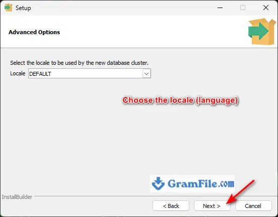 PostgreSQL for Windows Installation Step 8 Choose the locale (language) PostgreSQL for Windows Installation Step 8 Choose the locale (language)