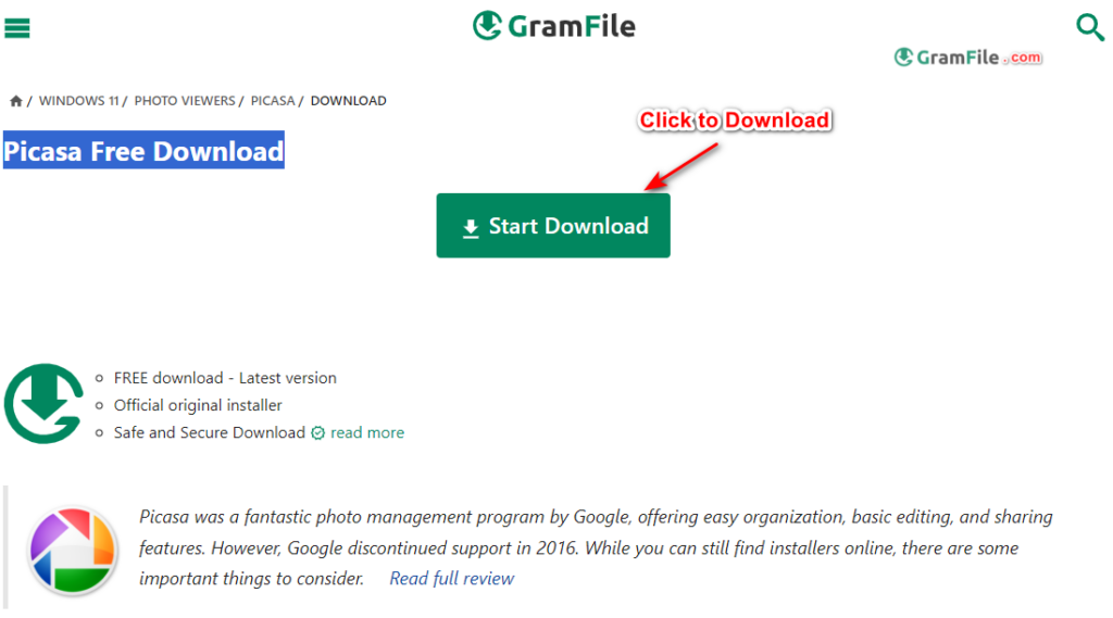 Picasa Safe Download from GramFile