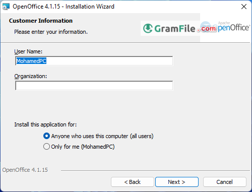 Install OpenOffice Step 4 (Username)