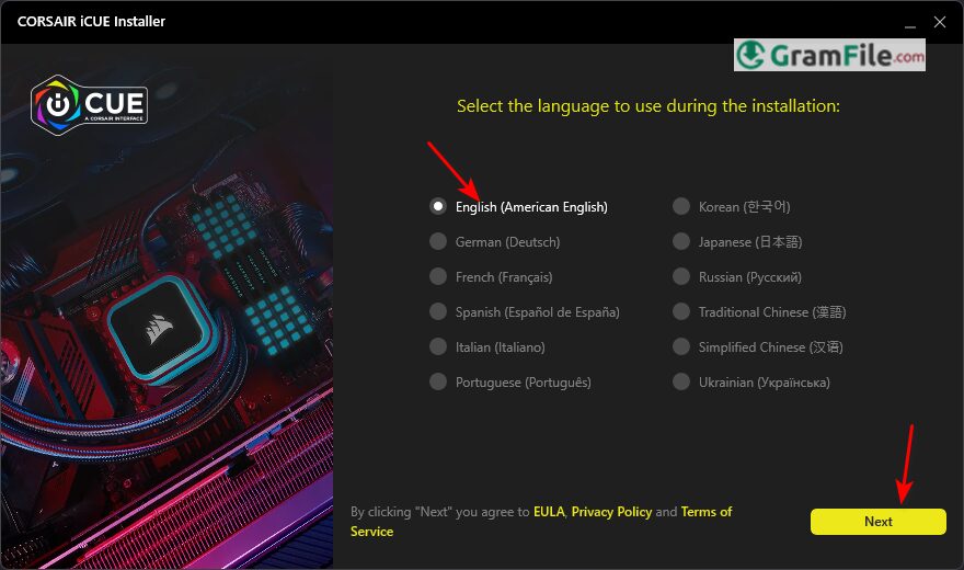 iCUE Install Choose your language