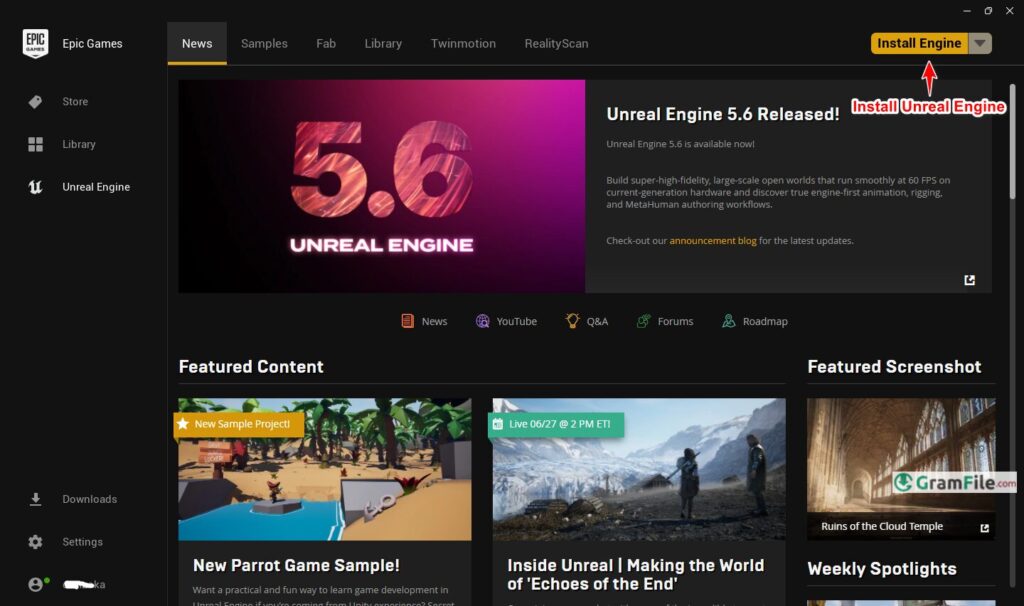 Install Unreal Engine from Epic Games Launcher
