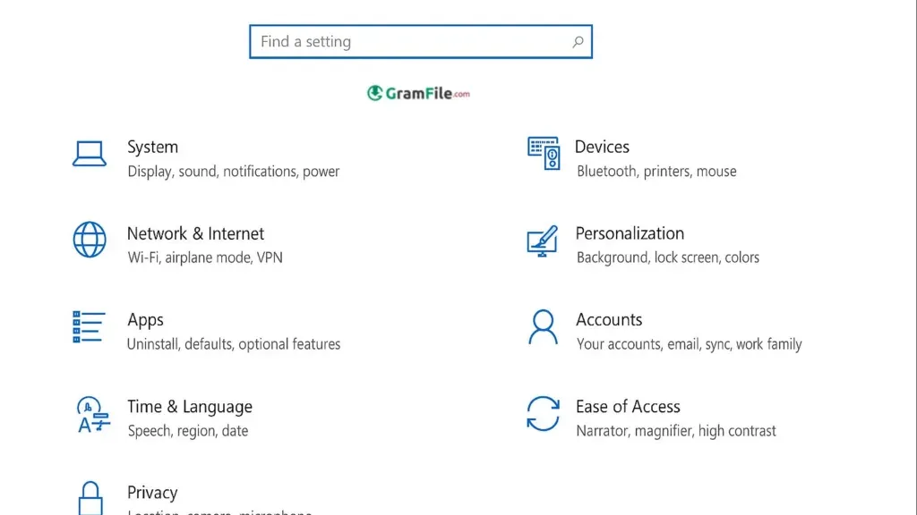 Settings in Win 10