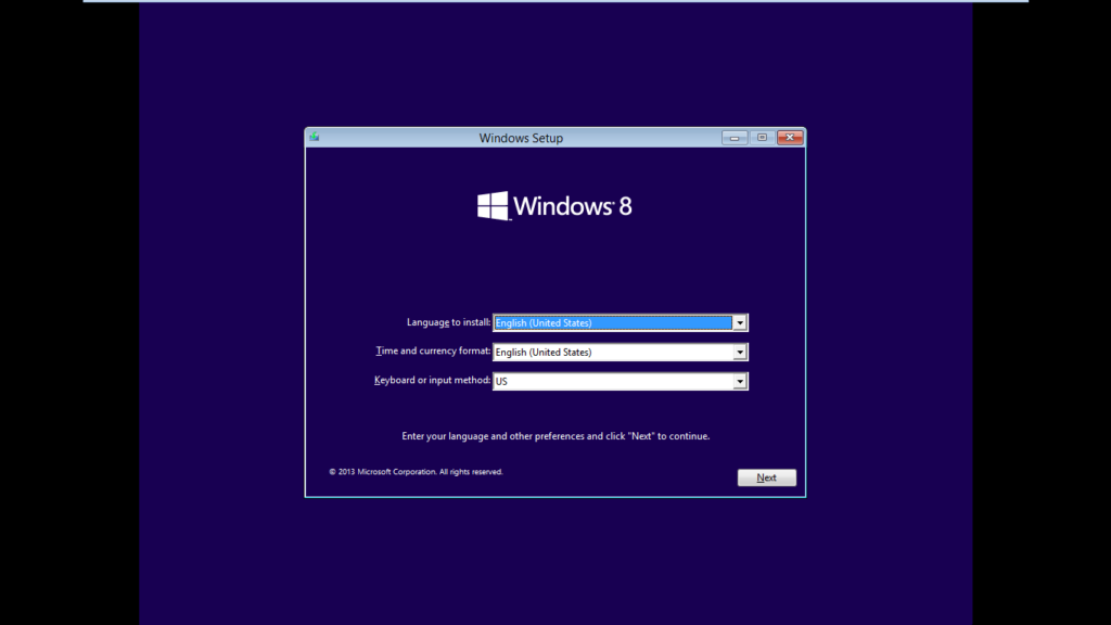 Windows 8.1 Install Choose language