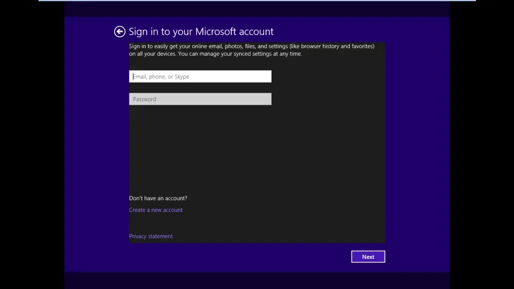 Windows 8.1 Install Sign in to Microsoft Account