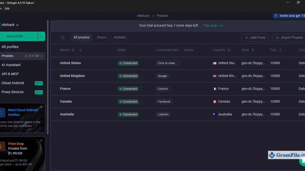 GoLogin Built in proxy support