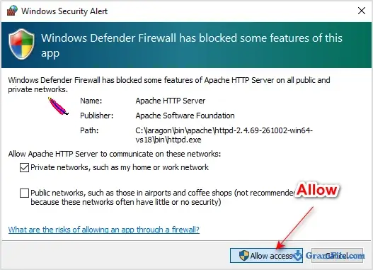 Windows Firewall prompt to allow access for Apache