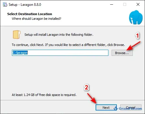 Laragon setup destination folder screen